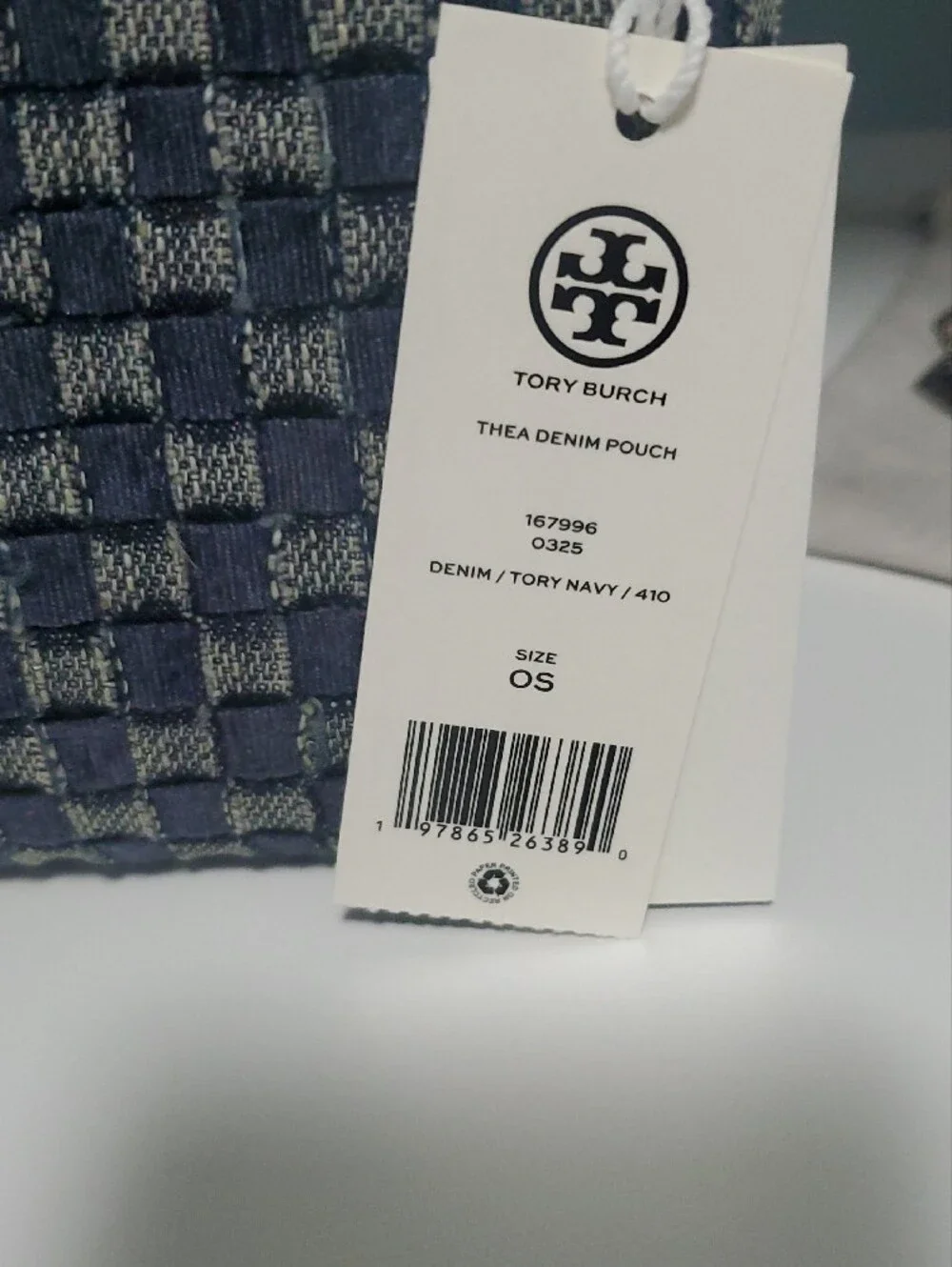 TORY BURCH WOVEN POUCH/WRISTLET. NAVY &GREY